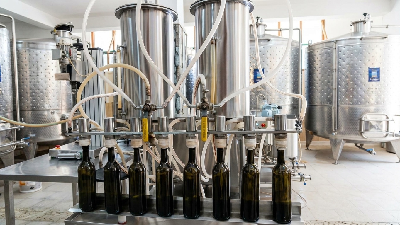 Bottles moving through the filling line at the Naara Aaba kiwi wine plant in Ziro, with stainless steel fermentation tanks behind